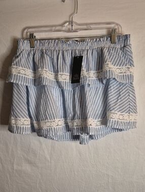 Light Blue Striped Lace Trim Mini Skirt
